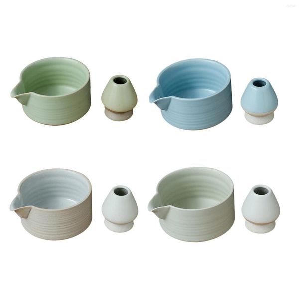 Escovas de chá 2 peças de cerâmica japonesa matcha tigela e suporte de batedor conjunto para presente de amantes de preparação