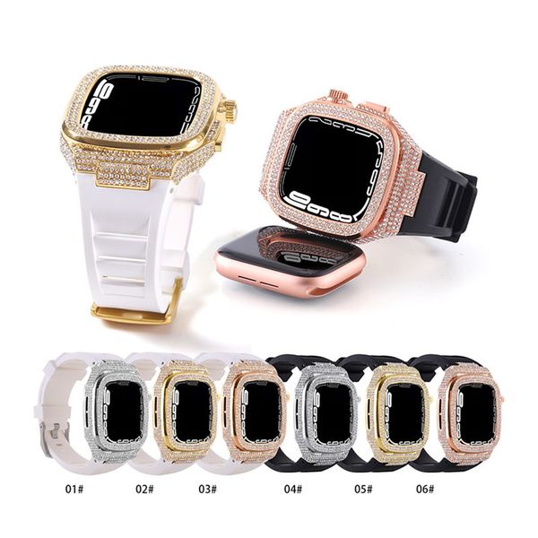 Luxus Full Sky Nietengehäuse Diamanteinsatz AP Rahmengehäuse Mod Kit Riemen Silikon Schutzhülle Band Strap Cover für Apple Watch Serie 4 5 6 7 8 9 44/45 mm