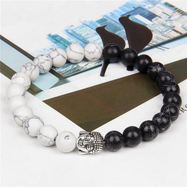 Strang Natürliches Tigerauge Howlith Stein Perlen Armband 8mm Silber Farbe Buddha Kopf Charm Armbänder Energie Heilung Für Männer Frauen Geschenk