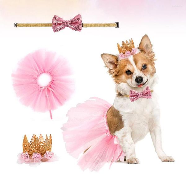 Vestuário para cães Aniversário Gaze Pet Saia Bonito Vestido Criativo Gravata Moda Coroa Headdress Set