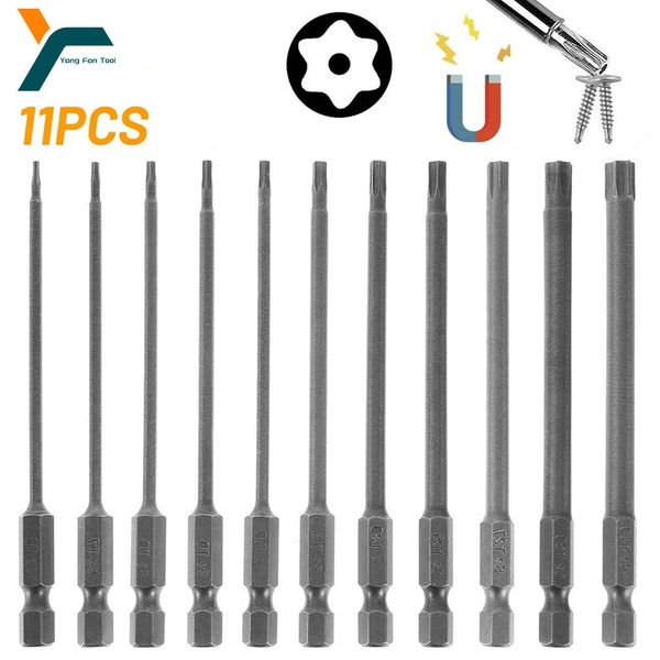 Tornavida 11pcs torx tornavida biti 1/4 '' hex shank yıldız kafa 100mm rüzgar sürücüsü matkap anahtarı manyetik soket T15 T20 T25 T27 T30 T40 230914