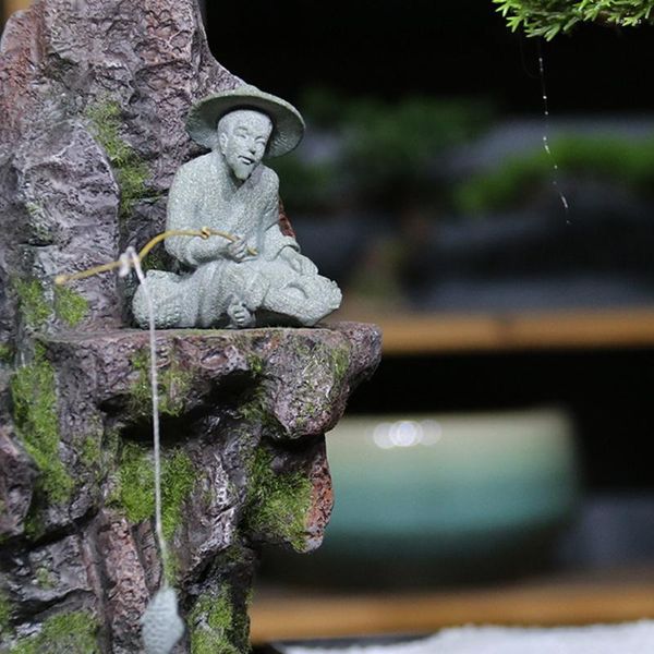 Gartendekorationen Terrarium Fischer Statue Figuren Modellierung Blumen Ornament Bonsai Skulptur Sandstein Holunder