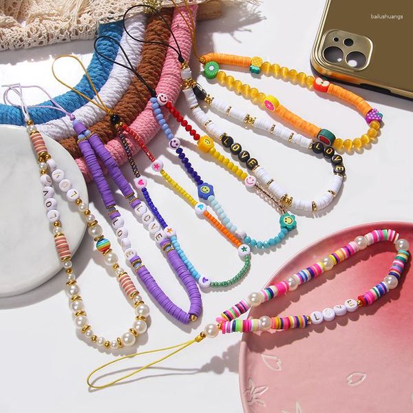 Charme pulseiras telefone corrente colorida argila macia móvel cordão sorriso amor pérola corda para caso de celular pendurado cabo pulseira