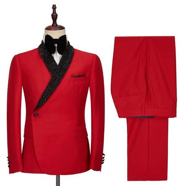 Moda rosso paillettes sposo smoking da sposa inverno uomo groommen partito prom pantaloni abiti giacca da lavoro abbigliamento da lavoro outfit 2 pezzi189v