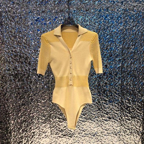 T-shirt da donna 143417 143418 Moda classica Trendy Designer di lusso Panno Temperamento Scollo a V Tessuto a maglia super elastico a maniche corte