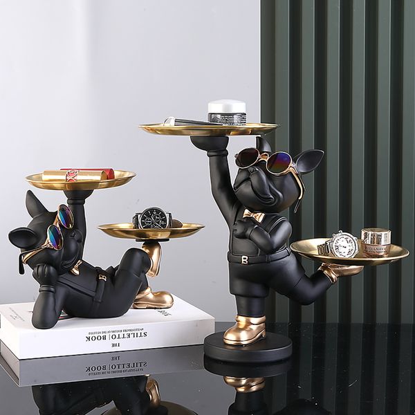 Objetos decorativos estatuetas resina cão estátua decoração do quarto escultura de mordomo com 2 bandejas para armazenamento estatueta de buldogue francês decoração de casa enfeites de mesa 230914