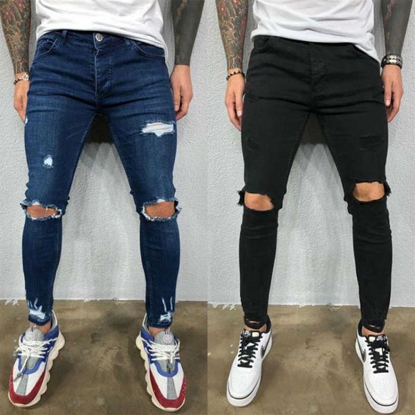 Erkekleri yok etti skinny kot pantolon serin tasarımcı streç yırtık kot pantolon erkekler için gündelik ince fit hip hop kalem pantolon t2255a
