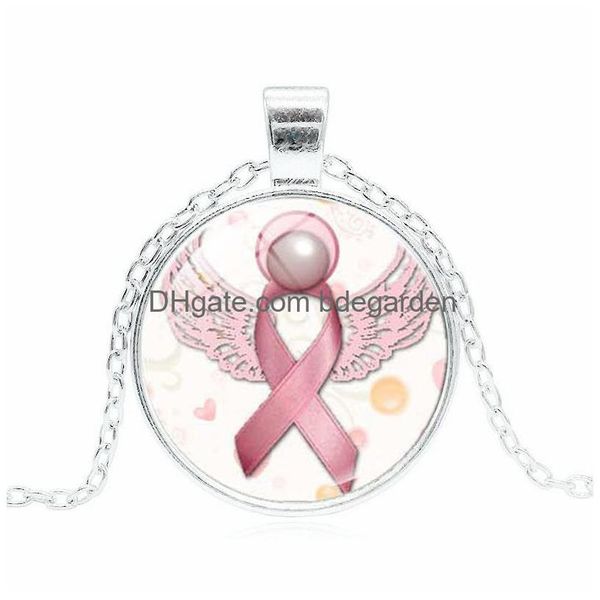 Colares Pingente Nova Chegada Rosa Fita De Vidro Gemstone Breast Cancer Conscientização Colar Para Mulheres Mens Moda Jóias Gota Entrega Dhhjg