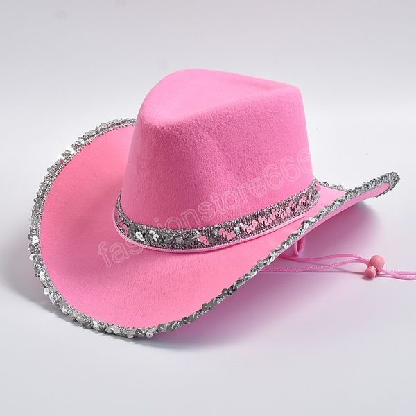 Nuovo cappello da cowboy a tesa larga rosa per donna Berretto western con paillettes Cowgirl Girls Party Dress Cappelli jazz