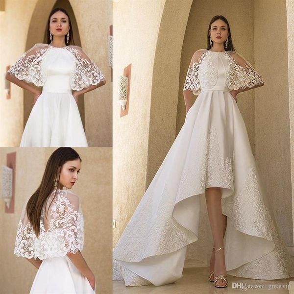 Oksana Mukha Abiti da sposa da spiaggia con involucri A Line Halter Lace Up Senza maniche in raso Abiti da sposa alti e bassi Taglie forti robe de marie324y