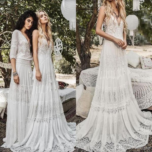 2019 Vestidos de novia de encaje de gasa fluidos Playa Boho Modesto Inbal Raviv Vintage Crochet Lace V-cuello Vacaciones de verano País Nupcial Dr2537