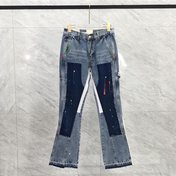 23SS Erkekler ABD Fermuarı Patchwork Denim Pantolon Splash Mürekkep Kot pantolon High Street Pantolon Bell Bottoms168j