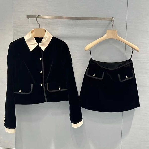 Vestido de duas peças estilo preto veludo terno cardigan casaco fino ajuste cintura meia saia conjunto de celebridade outono novo