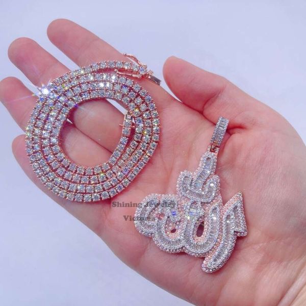 Ciondolo Allah ghiacciato con diamanti Moissanite Vvs da uomo hip-hop in argento sterling placcato oro rosa 14 carati