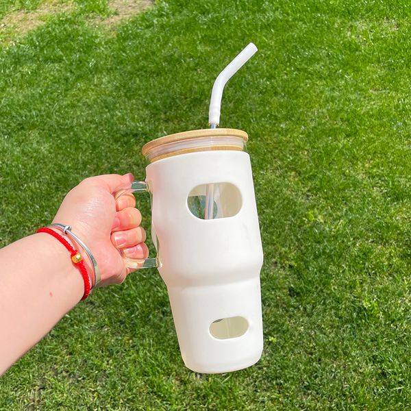 32oz Şeffaf Yüksek Borosilikat Cam Tumbler Su Şişesi Kupaları Koruyucu Silikon Kılıflı Boba Smoothie Kupası Kupa Tutucu