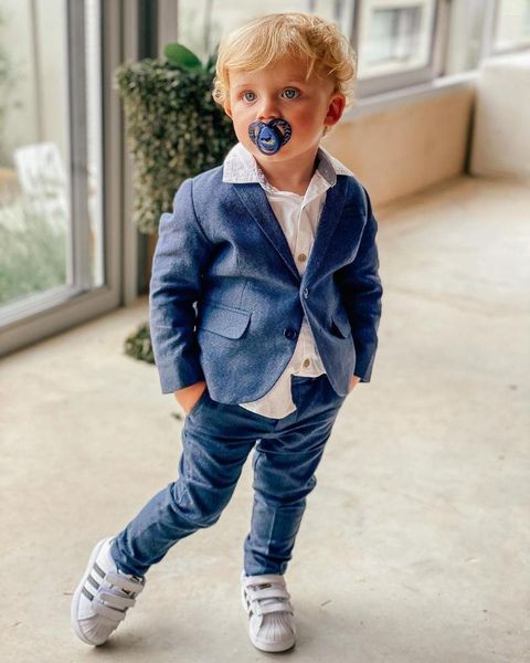 Herrenanzüge, Blazer-Sets für kleine Jungen, blaues Leinen, zwei Knöpfe, individueller Kinderanzug, Smoking, 2-teilig, Kinder-Zeremonienkostüm (Jacke, Hose)