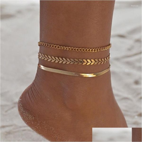 Tornozeleiras de ouro pulseiras de tornozelo para mulheres 14k à prova d 'água cubana link conjunto em camadas tornozeleira gota entrega jóias dhfky