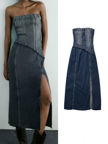 Vestidos casuais básicos traf mulheres moda strapless denim vestido vintage assimétrico volta elástico zíper feminino fora do ombro vestidos mujer 230915