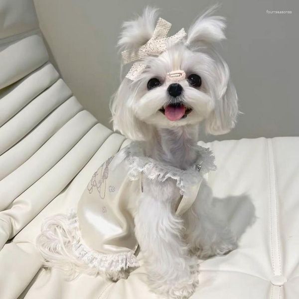 Vestuário de cachorro roupas casa creme branco laço deslizamento vestido bonito menina padrão pijama pequeno e médio animal de estimação