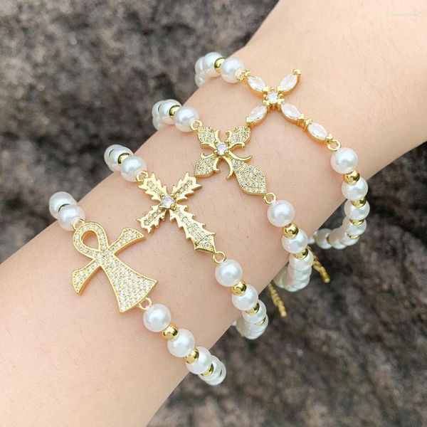 Link Armbänder Elegante Frauen Perlen Kette Kreuz Kupfer CZ Kristall Charme Vergoldet Katholischen Schmuck Geschenke Brte72