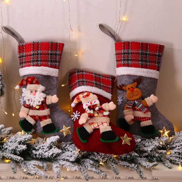 Desenhos animados santa boneco de neve rena meia saco de presente de doces tamanho grande boneca de natal meias decorações de natal ornamentos presentes de natal