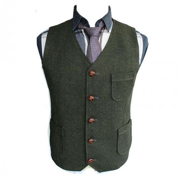 2019 verde escuro coletes do noivo país casamento lã espinha de peixe tweed colete fino ajuste masculino terno colete vestido casaco vestido colete f2428