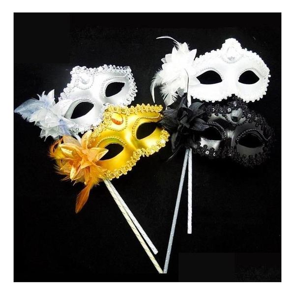 Parti Maskeleri Venedik Masquerade Dance Ball Mask Düğün Süslü Elbise Eyemask Üzerinde Çubuk Zambak Çiçek Dantel Tüyü Damla Teslimat Hom Dhzps