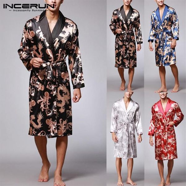 Homens sleepwear étnico mens robe mangas compridas roupão de seda quimono chinês sorte dragão impressão pijamas noite vestido mas2017