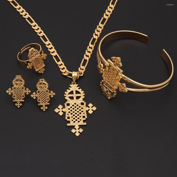 Collana orecchini set trendy oro etiope bambino croce gioielli per ragazza donna Nigeria Congo Uganda