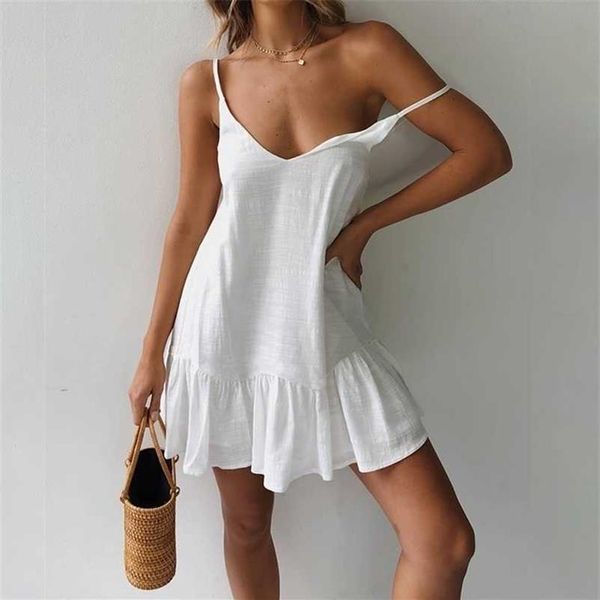 Abiti con cinturino per spaghetti con spalle scoperte Abito estivo da donna Abito a trapezio bianco con volant Vestito estivo sexy Mini abiti in lino di cotone 210323238R