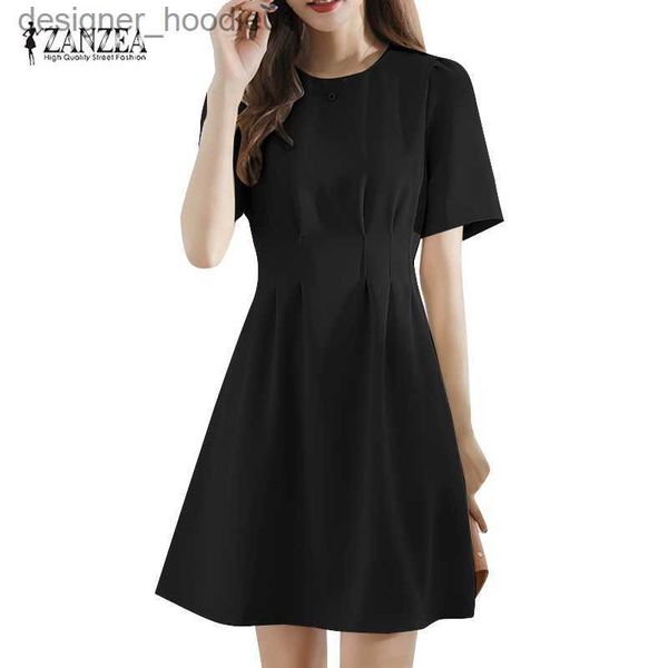 Grundlegende Freizeitkleider ZANZEA Damen Koreanisches elegantes O-Ausschnitt Kurzarm A-Linie schlankes knielanges Kleid L230916