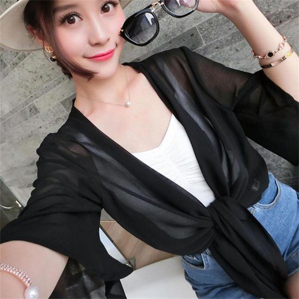 Blusas femininas 2023 coreano verão mulheres envoltório jaqueta meia manga sheer macio chiffon camisa encolher cardigan para festa casaco pz4576