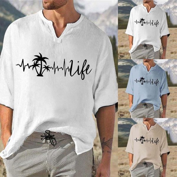 Camisetas masculinas masculinas médias ultra algodão verão legal casual coqueiro estampado camisa de manga curta
