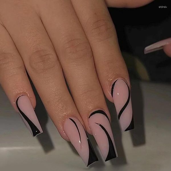 Накладные ногти, 24 шт., длинные балерины, накладные Y2k с дизайном, полное покрытие, черный, розовый, набор акриловых накладных ногтей