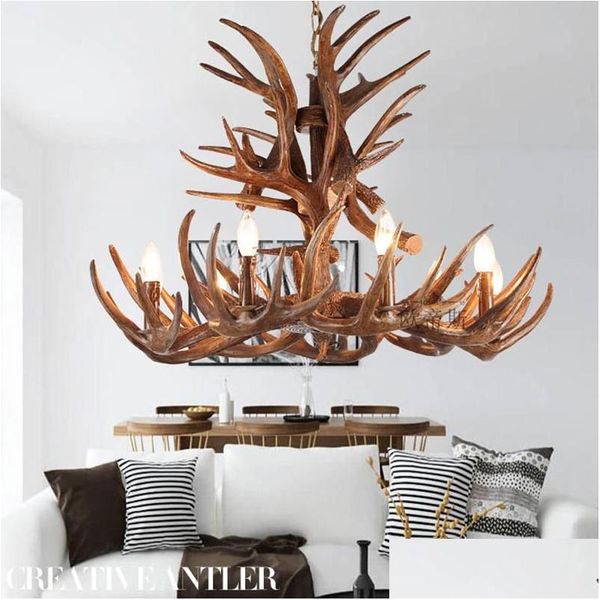 Lustres American Country Resina Vela Antler Chandelier Europa Deer Chifre Luminárias Vintage Cozinha Loft Drop Delivery Li Dhvte