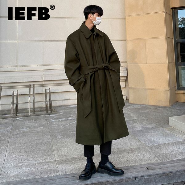 Casaco De Lã Masculino IEFB Tweed Casaco Masculino Outono Inverno Longo Solto Na Altura Do Joelho Coreano Britânico Espessado Cinto De Lã Jaqueta D1221 230915