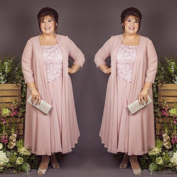 Светло-розовые шифоновые платья для матери невесты Элегантные кружевные аппликации брючный костюм для жениха с рукавами 3 4 и пиджаком из 2 предметов размера плюс255J