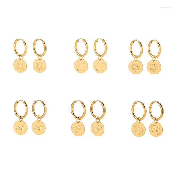 Brincos pendurados design simples cor dourada redonda gota de cobre para mulheres moda amor coração sol lua estrela círculo pingente joias