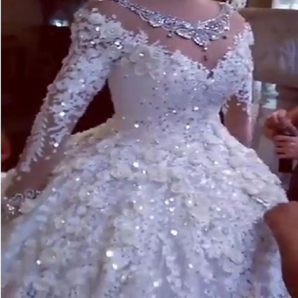 Vestido de noiva novo árabe dubai vestido de casamento de cristal 2023 mangas completas frisado inchado 3d flor rendas vestidos de casamento robe de mariee246d