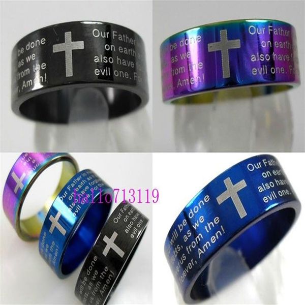 Lotes inteiros de joias 50 peças anéis de oração do senhor inglês bíblia cruz anéis de aço inoxidável moda masculina jesus anéis de casamento r317n