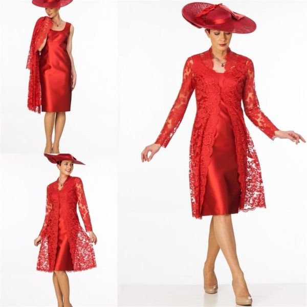 Rote Kleider für die Brautmutter mit langen Ärmeln, Spitzenjacke, Abendkleider in Übergröße, günstige Hochzeitsgäste, formelles Kleid2428