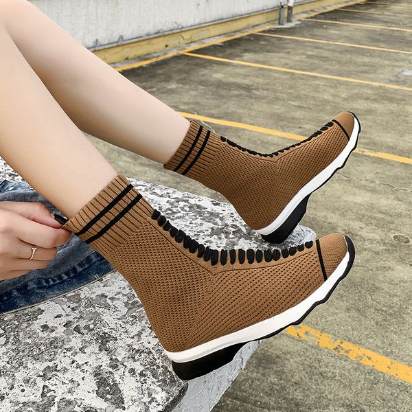 Botas de meias altas da moda casual para mulheres designers preto marrom marrom inverno quente moda sem garotas silp tênis de bota listrada plana