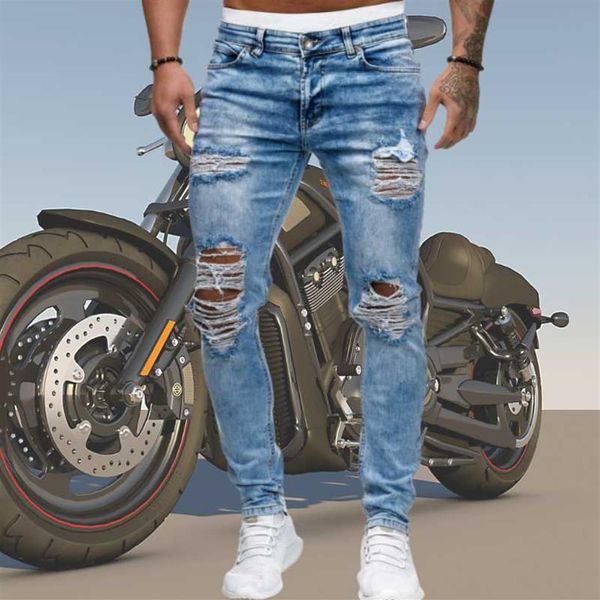 Homens rasgados magros motociclista jeans céu azul clássico lápis calças de rua locomotiva denim calças namoro homens negócios cowboy calças2342