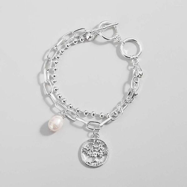 Charme pulseiras aliados árvore da vida pérola pingente pulseira para mulheres retro multicamadas oval frisado prata cor corrente jóias