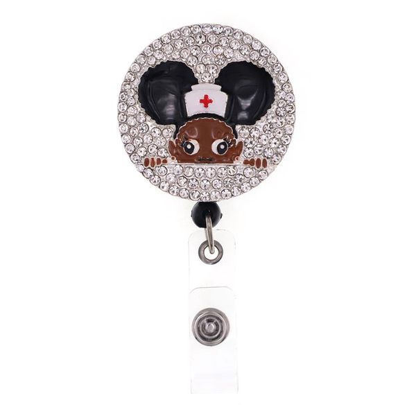 Porte-clés rétractable en strass pour fille noire, nouveau style, pour nom d'infirmière, accessoires, bobine de badge avec pince crocodile 2740