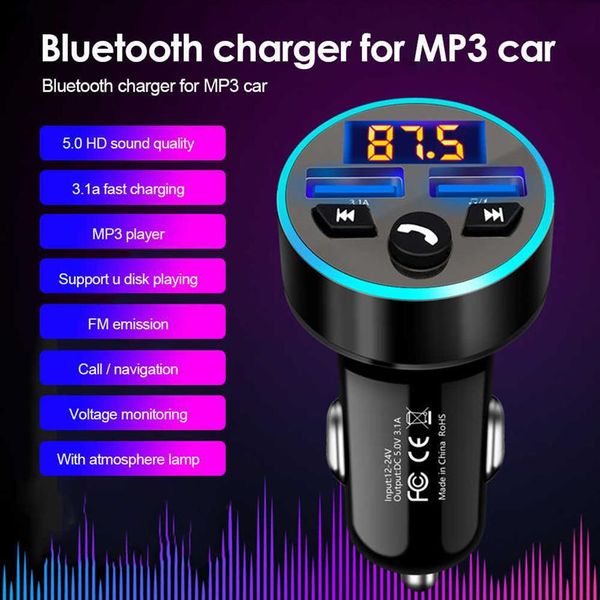 Bluetooth 5 0 QC 3 0 3 1A Hızlı Şarj TF Kart U-Disk MP3 Pansiyon Telefon Aksesuarları FM Verici Araç Şarj Cihazı LED Işık Yüzük255x