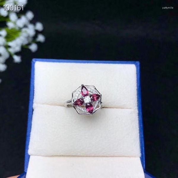 Anéis de Cluster Grande Venda Clássico Natural Red Garnet Gem Ring Mulheres Jóias Real 925 Prata Banhado A Ouro Presente de Aniversário Gota de Água