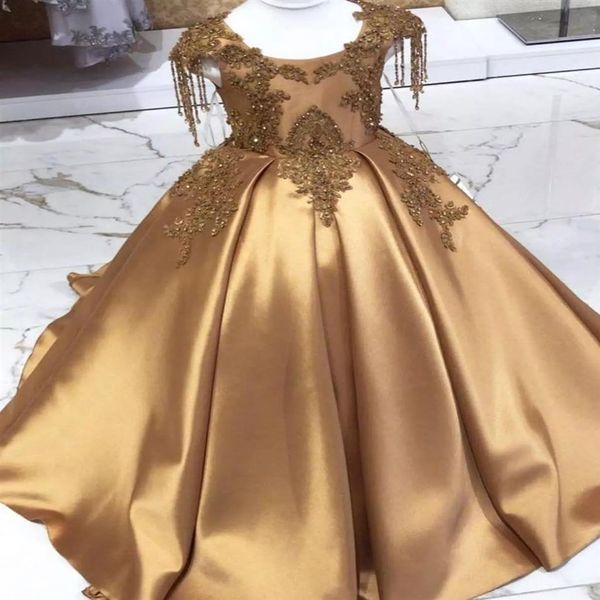 Gold Kristall Lange Blumen Mädchen Kleid Festzug Kleider Perlen 2021 Kleinkind Kleinkind Kleidung Kleine Kinder Geburtstag Gowns220I