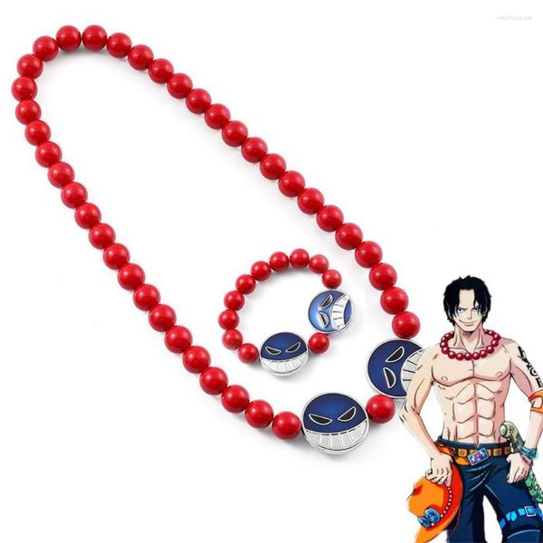 Strand anime portgas d ace cosplay pulseira colar conjunto unisex contas vermelhas sorriso chorar rosto pingente jóias acessórios presentes