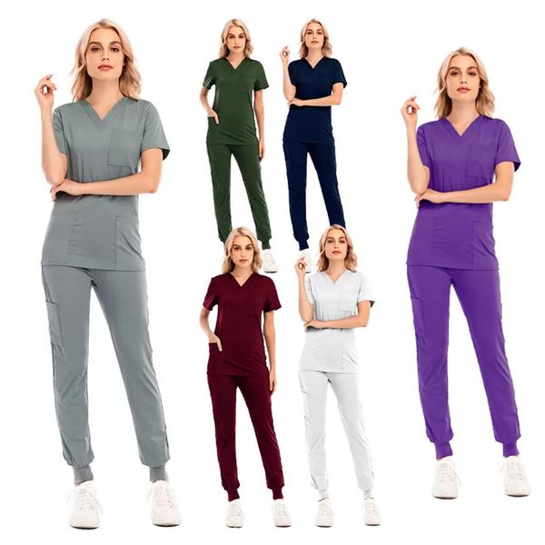 Grey's Anatomy Hospital Uniforme Salone di bellezza Donna in due pezzi Solid Spa Filettato Clinica Abiti da lavoro Top pantaloni Unisex Sc229m